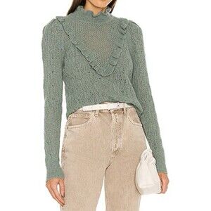Veronica Beard Sage Green Alpaca Merino Wool Sorina Sweater Ruffle Open Knit S